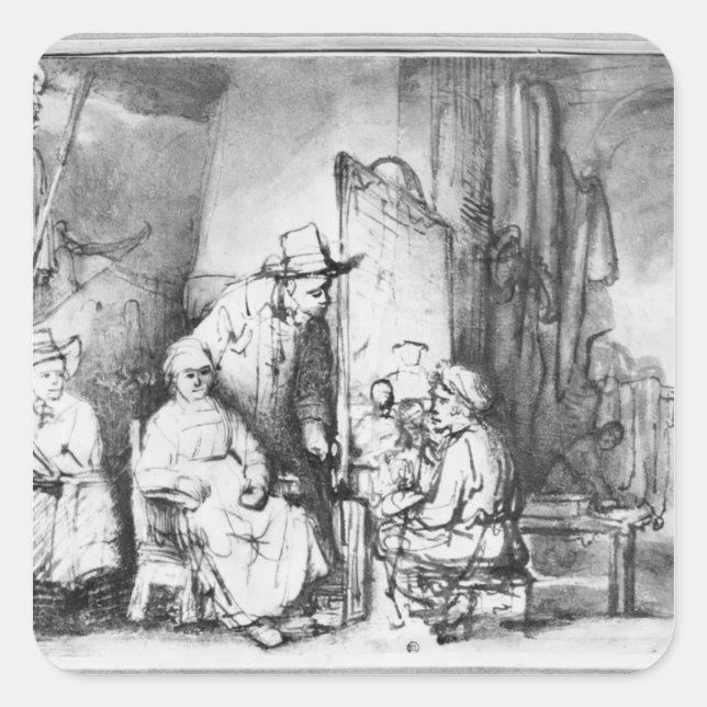 Interior of studio with painter painting square sticker (Front)