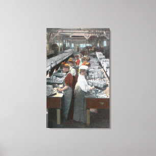 Interior View of Salmon Cannery Workers Canvas Print