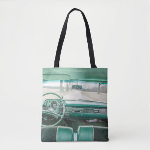 INTERIOR VIEW OF VEHICLE ON ROAD TOTE BAG