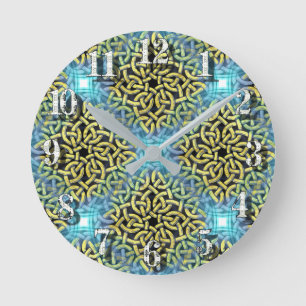Interlacing Victorian Golden Trim Aqua Background Round Clock