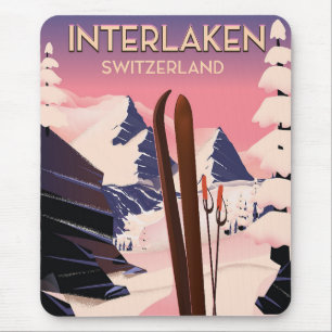 Interlaken Switzerland Ski travel poster. Mouse Pad