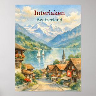 Interlaken Switzerland watercolor vintage travel Poster
