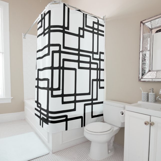 Interlocking Black Squares Artistic Design Shower Curtain (In Situ)