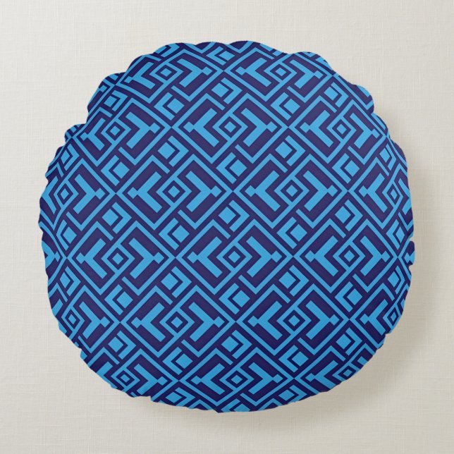 Interlocking Diamonds: Dark Blue Geometric Pattern Round Cushion (Front)