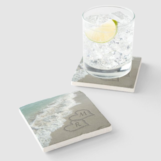 Interlocking Hearts on Beach Sand Stone Coaster (Side)