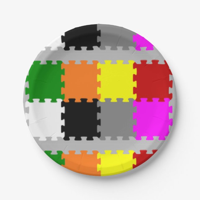 Interlocking puzzle pieces on grey paper plate (Front)