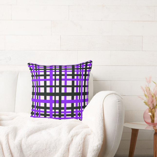 Interlocking Stripes Black White Purple Cushion (Couch)