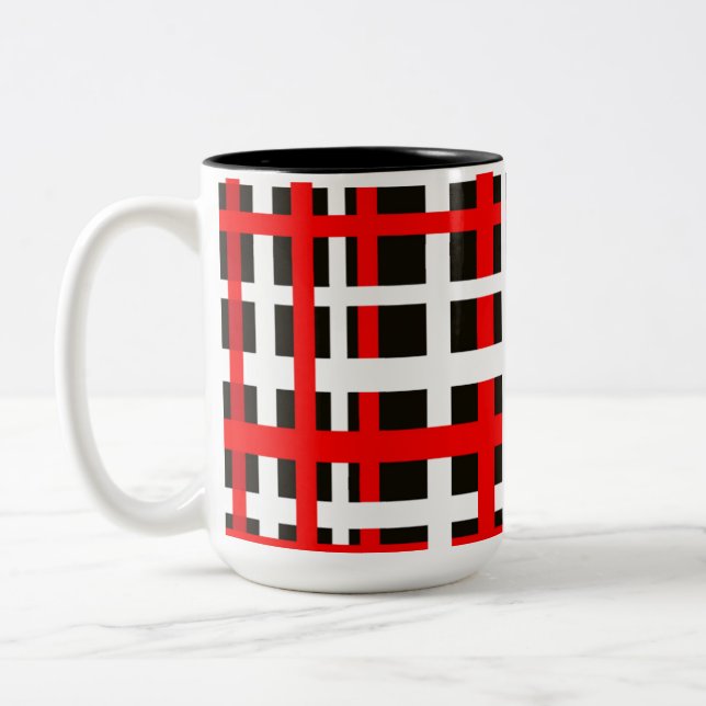 Interlocking Stripes Black White Red Two-Tone Coffee Mug (Left)