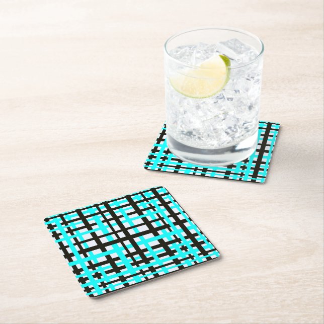 Interlocking Stripes Black White Teal Square Paper Coaster (Insitu)