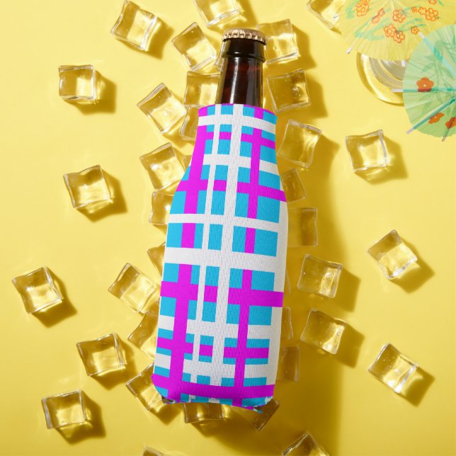 Interlocking Stripes White Pink Light Blue Bottle Cooler (In Situ Summer)