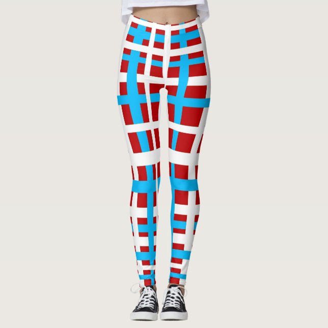 Interlocking Stripes White Red Light Blue Leggings (Front)