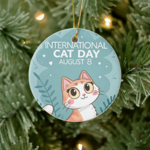International Cat Day Cute Whimsical Cat Art Ceramic Tree Decoration