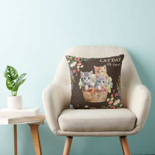 International Cat Day Watercolor Wildflower Cushion