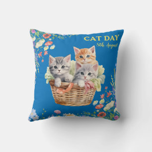 International Cat Day Watercolor Wildflower Cushion