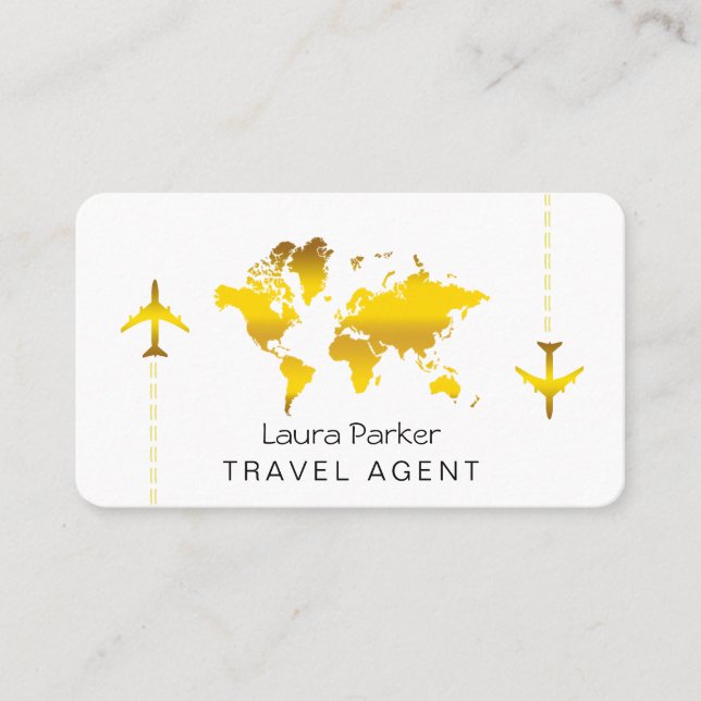 International Travel Agent World Map Gold Glitter  Business Card (Front)