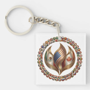 International Unity Flame with World Flags Emblem  Key Ring