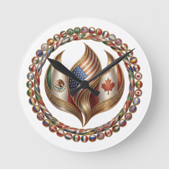 International Unity Flame with World Flags Emblem  Round Clock (Front)