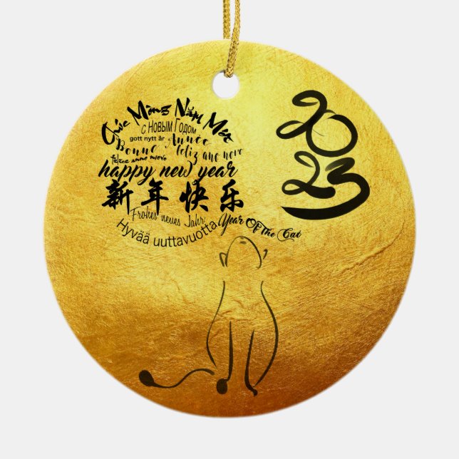 International Wishes Cat Year 2023 Golden RCO Ceramic Tree Decoration (Front)