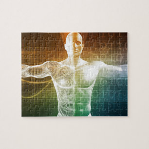 Internet Background with Binary Code and Vitruvian Jigsaw Puzzle