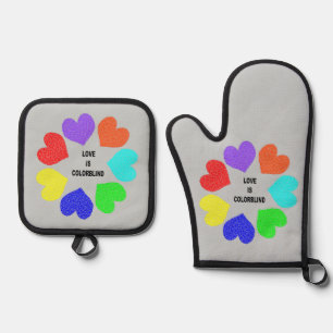 Interracial Love Rainbow Hearts Oven Mitt & Pot Holder Set