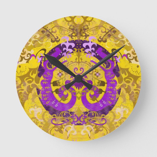 Intersex Pride Flag Colors Dragon Damask Round Clock (Front)