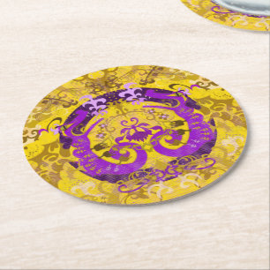 Intersex Pride Flag Colours Dragon Damask Round Paper Coaster