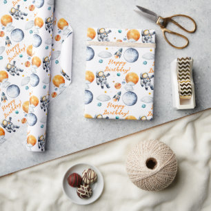 Interstellar Birthday Boy Space Astronaut Wrapping Paper