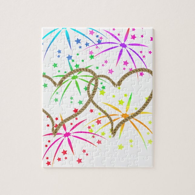 Intertwined hearts tangled rope romantic fireworks jigsaw puzzle (Vertical)