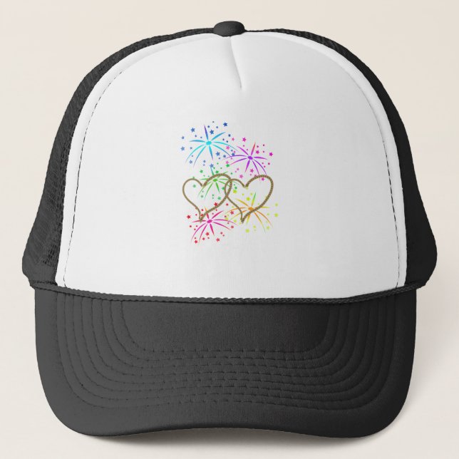 Intertwined hearts tangled rope romantic fireworks trucker hat (Front)