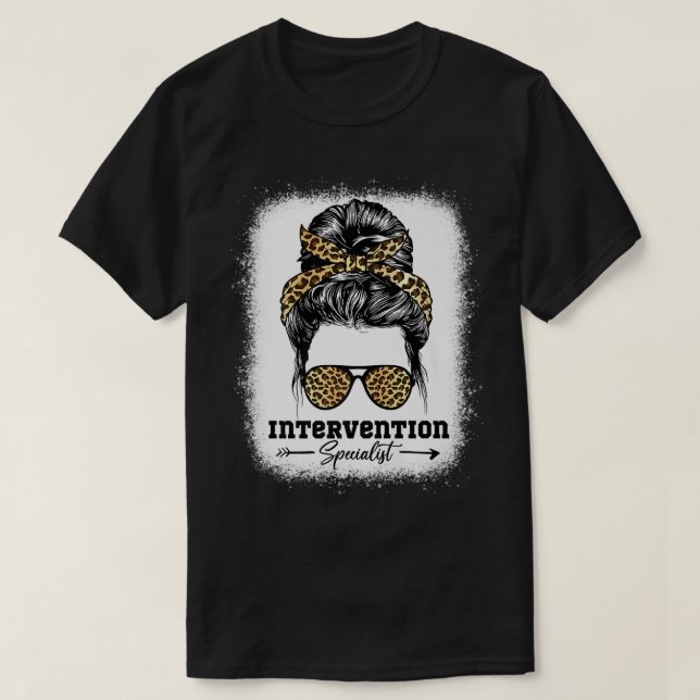 Intervention Specialist Messy Bun Leopard School E T-Shirt (Design Front)