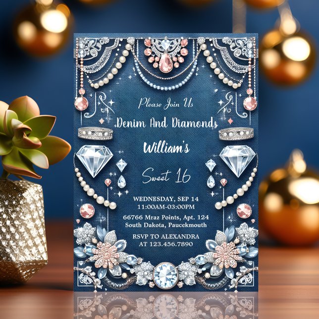Into Elegant Gem Bling Denim And Diamonds Sweet 16 Invitation (Creator Uploaded)