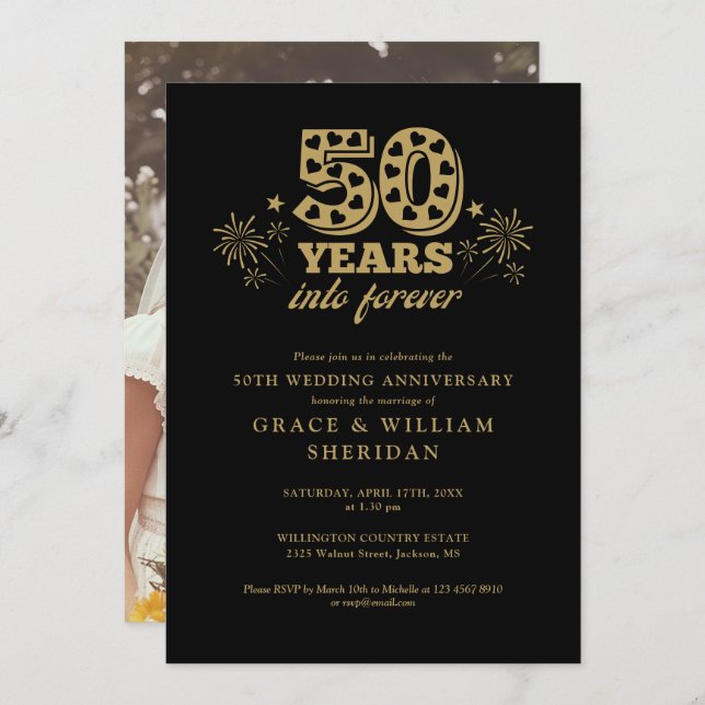 Into Forever Gold Black 50th Anniversary Photo Invitation (Front/Back)
