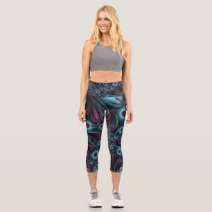 Into the Depth Blue Pink Abstract Fractal Art Capri Leggings