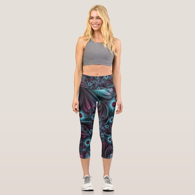 Into the Depth Blue Pink Abstract Fractal Art Capri Leggings (Front)