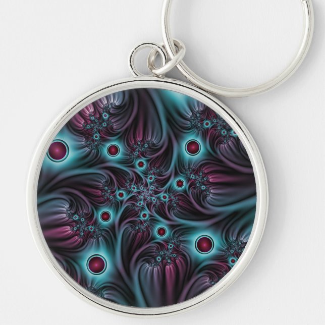 Into the Depth Blue Pink Abstract Fractal Art Key Ring (Front)