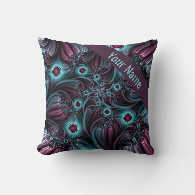 Into the Depth Blue Pink Abstract Fractal Art Name Cushion (Front)