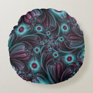 Into the Depth Blue Pink Abstract Fractal Art Round Cushion