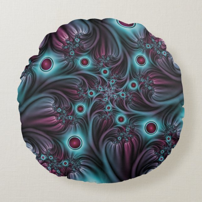 Into the Depth Blue Pink Abstract Fractal Art Round Cushion (Front)
