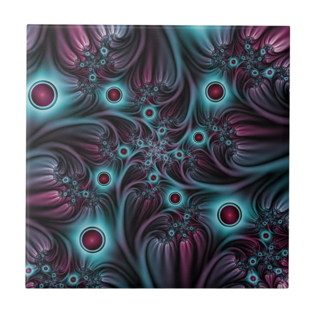 Into the Depth Blue Pink Abstract Fractal Art Tile (Front)
