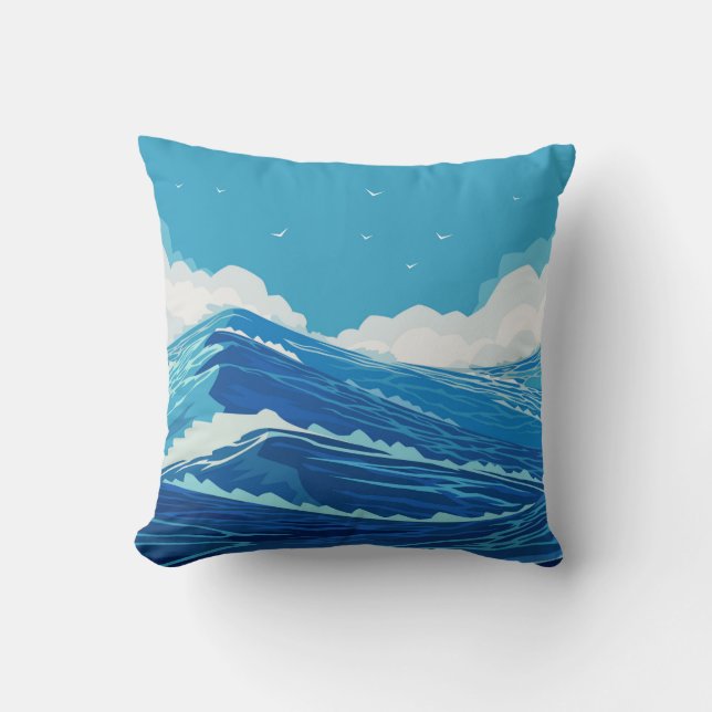 Into the ocean. Beautiful large sea waves and blue Cushion (Front)