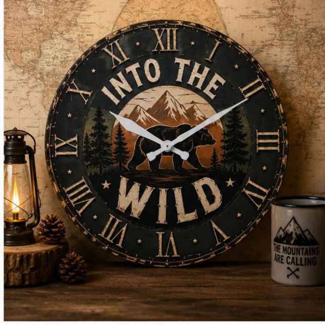 Into the Wild Bear Rustic Cabin Mountain Decor Large Clock (Creator Uploaded)