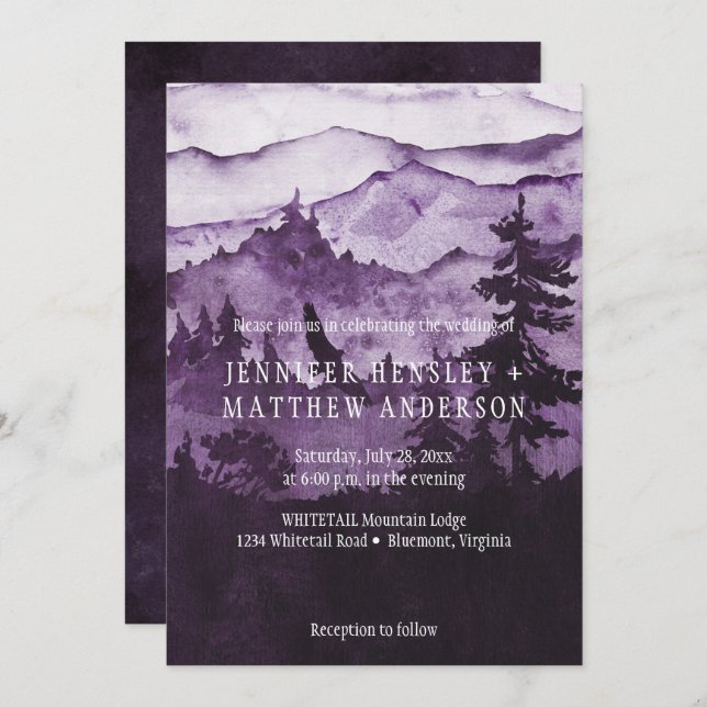 Into The Wild Dark Purple Mountains Scene Wedding Invitation (Front/Back)