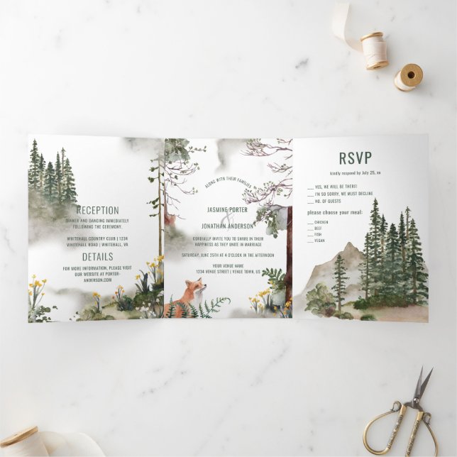 Into the Wild Rustic Mountain Landscape Red Fox Tri-Fold Invitation (Inside)