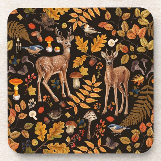 Into the woods/Autumn deer on black Coaster (Front)