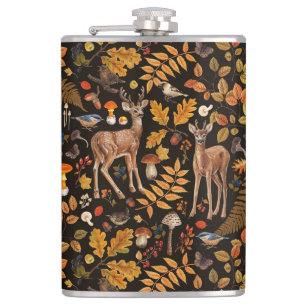 Into the woods/Autumn deer on black Hip Flask