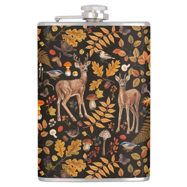 Into the woods/Autumn deer on black Hip Flask (Front)