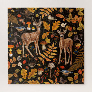 Into the woods/Autumn deer on black Jigsaw Puzzle
