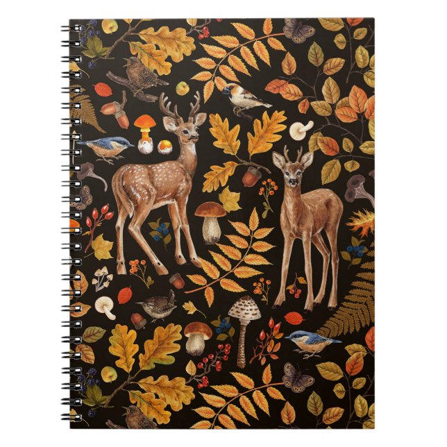 Into the woods/Autumn deer on black Notebook (Front)