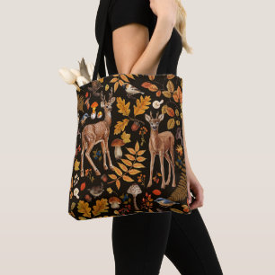 Into the woods/Autumn deer on black Tote Bag