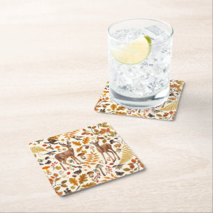 Into the woods/Autumn deer on off white Square Paper Coaster